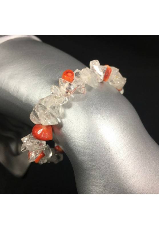 Bracelet in Clear Quartz and CORAL Chips Crystal Healing Zen Minerals A+-1