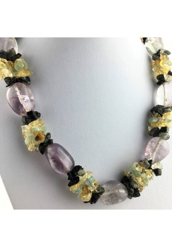 Special Necklace Tumbled Stone in Rainbow FLUORITE Chips in QUARTZ & CITRINE-4