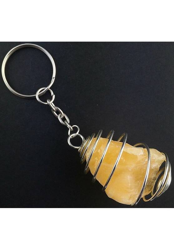 Rough Yellow CALCITE Keychain Keyring Hand Made with Silver Plated Spiral A+-2