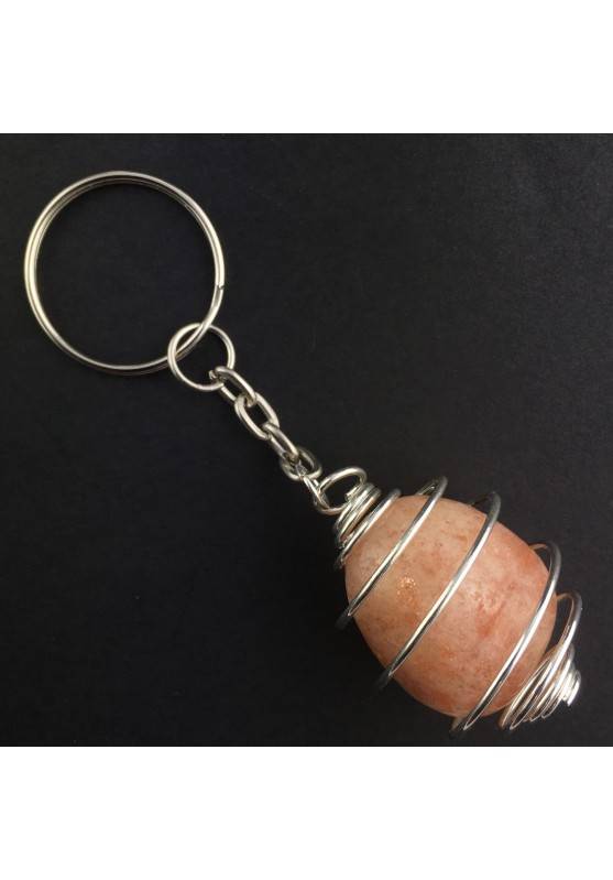 SUN STONE HELIOLITE Keychain Keyring with Silver Plated Spiral Necklace A+-1