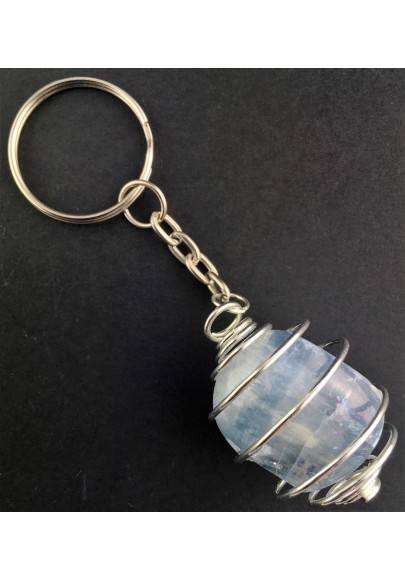 CELESTITE Tumbled Stone Keychain Keyring - GEMINI AQUARIUS Silver Plated Spiral A+-1