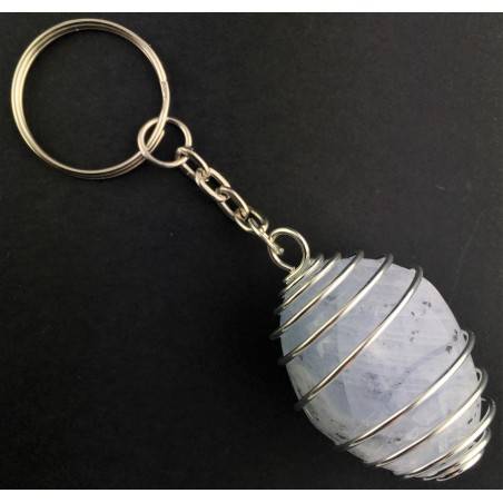 CELESTITE Tumbled Stone Keychain Keyring - GEMINI AQUARIUS Silver Plated Spiral A+-3
