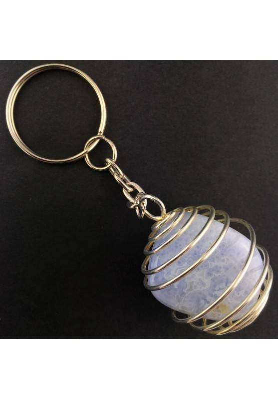 BLUE CHALCEDONY Keychain Keyring Hand Made on Silver Plated Spiral A+-2