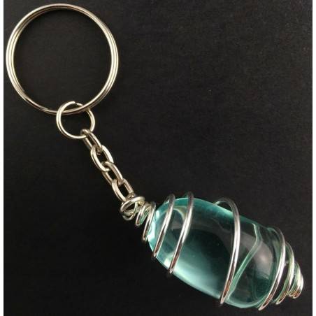 Aqua Blue OBSIDIAN Keychain Keyring - GEMINI Zodiac Silver Plated Spiral Gift Idea-2