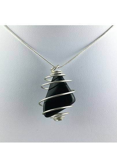 Black Obsidian Tumbled Stones Pendant Hand Made on Silver Plated Spiral A+-1