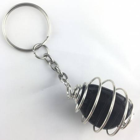Silver Obsidian Tumbled Stone Keychain Keyring Hand Made on Silver Plated Spiral-2