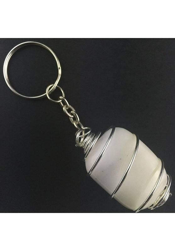 White AGATE Keychain Keyring - CANCER Zodiac Silver Plated Spiral Gift Idea A+-1