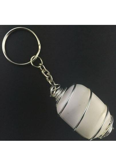 White AGATE Keychain Keyring - CANCER Zodiac Silver Plated Spiral Gift Idea A+-1