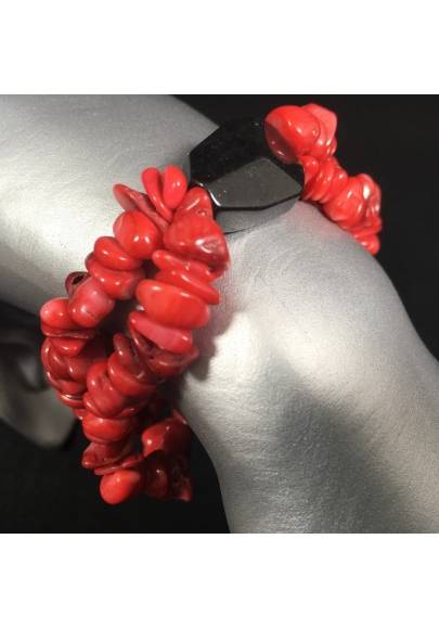 Tumbled Chips Bracelet RED CORAL with BLACK ONIX Love Crystal Healing-1